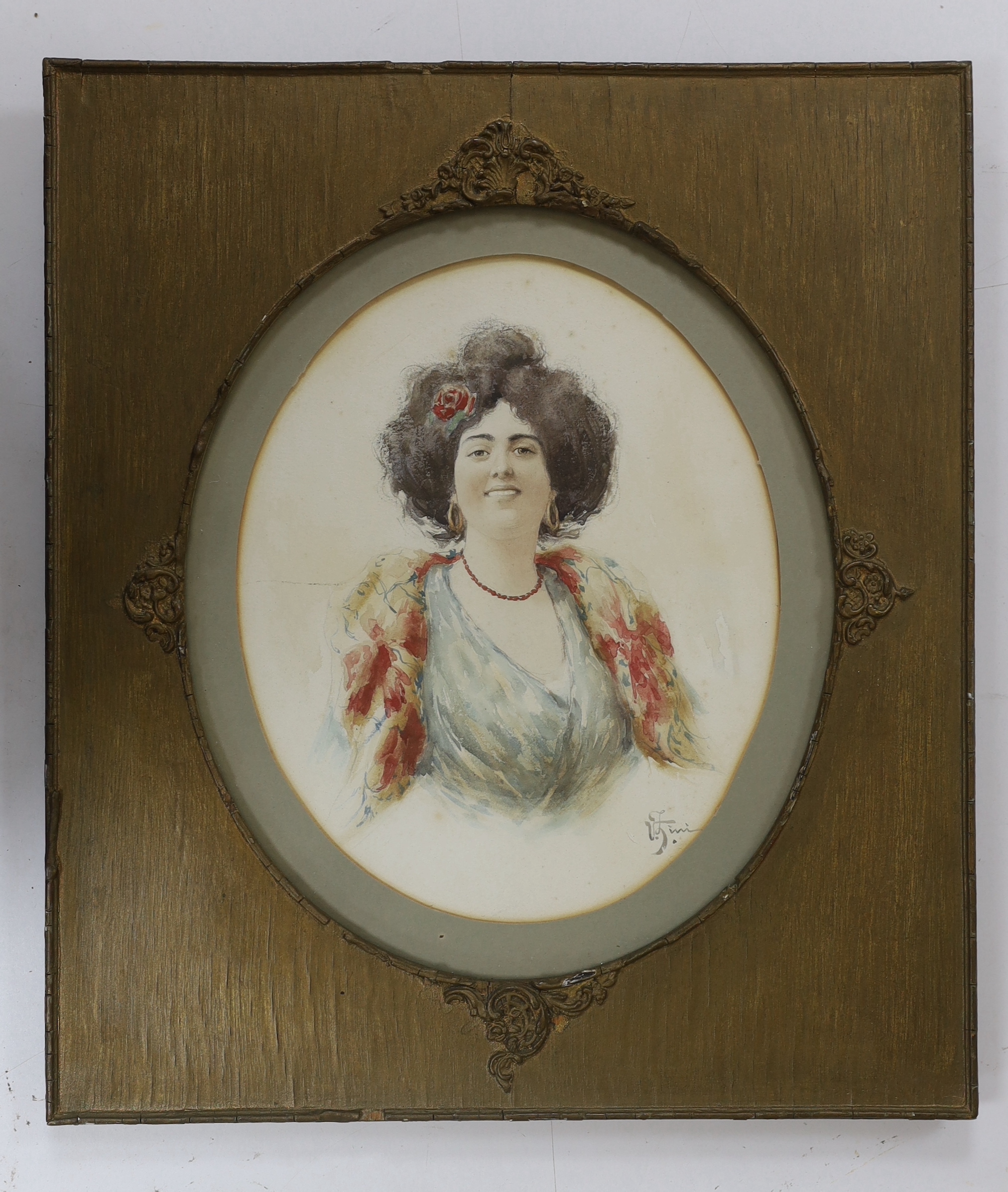 V. Fini, early 20th century French watercolour, Portrait of a female, signed, oval 25 x 20cm